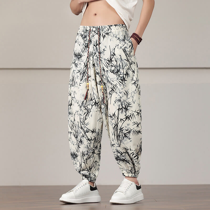 Nimara Ritual Bamboo Leaf Pattern Drawstring Men's Harem Pants With Pockets