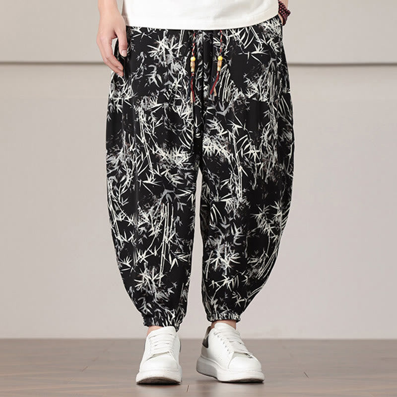 Nimara Ritual Bamboo Leaf Pattern Drawstring Men's Harem Pants With Pockets