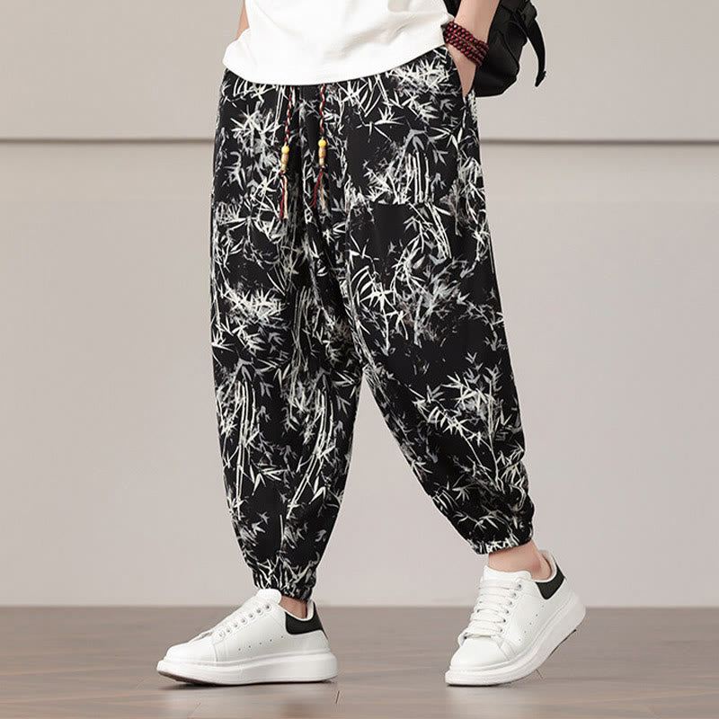 Nimara Ritual Bamboo Leaf Pattern Drawstring Men's Harem Pants With Pockets