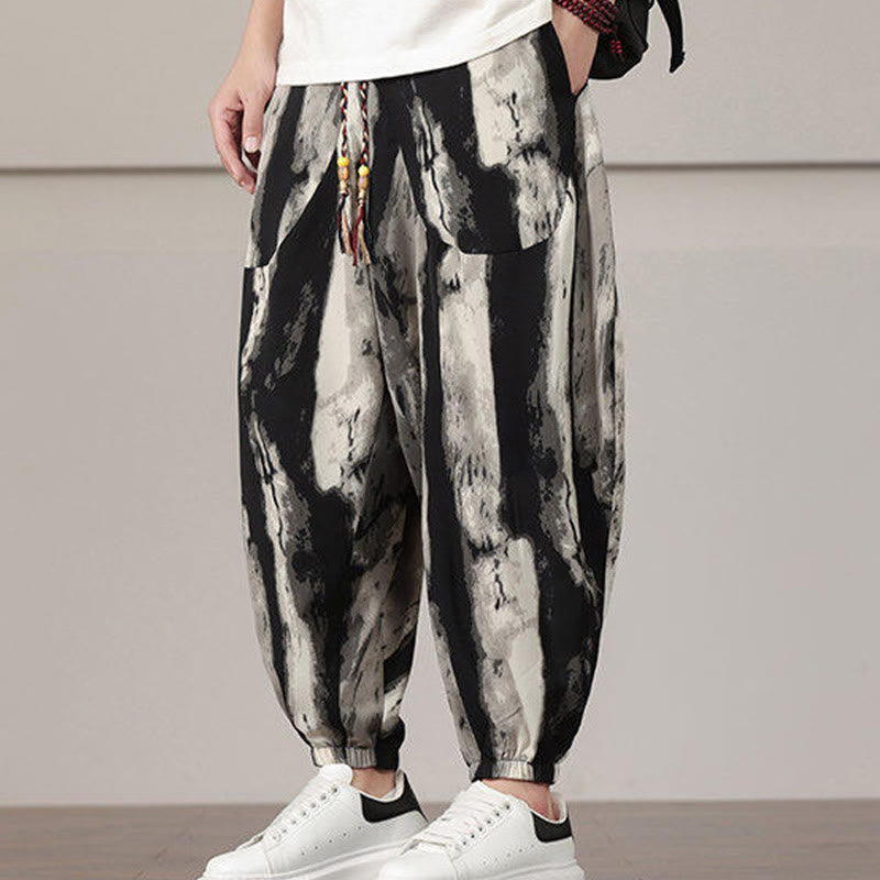 Nimara Ritual Stripe Pattern Drawstring Men's Harem Pants With Pockets