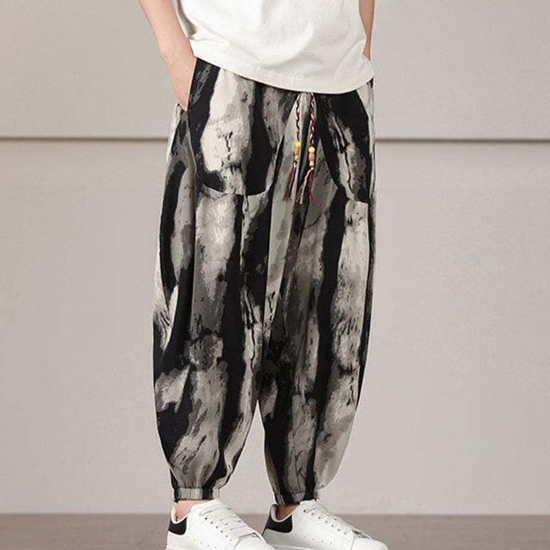Nimara Ritual Stripe Pattern Drawstring Men's Harem Pants With Pockets