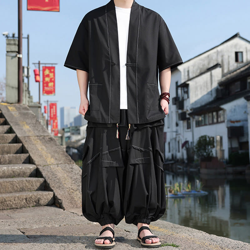 Nimara Ritual 2Pcs Black Frog-Button Cotton Men's Kimono Jacket Drawstring Wide Leg Pants With Pockets