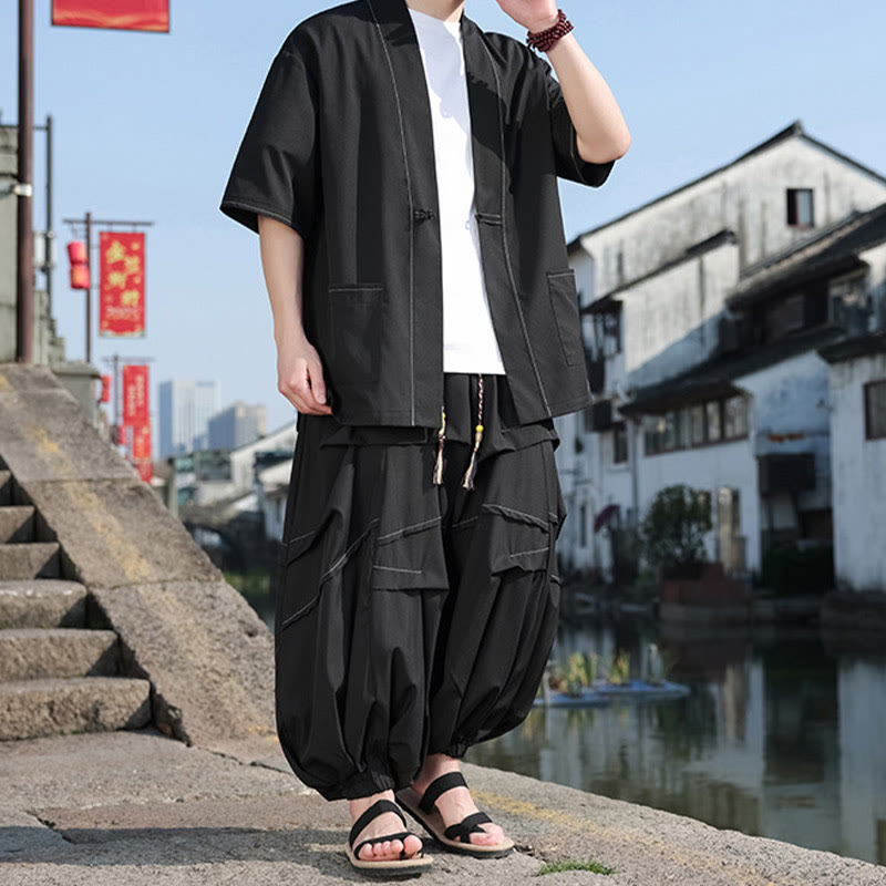 Nimara Ritual 2Pcs Black Frog-Button Cotton Men's Kimono Jacket Drawstring Wide Leg Pants With Pockets