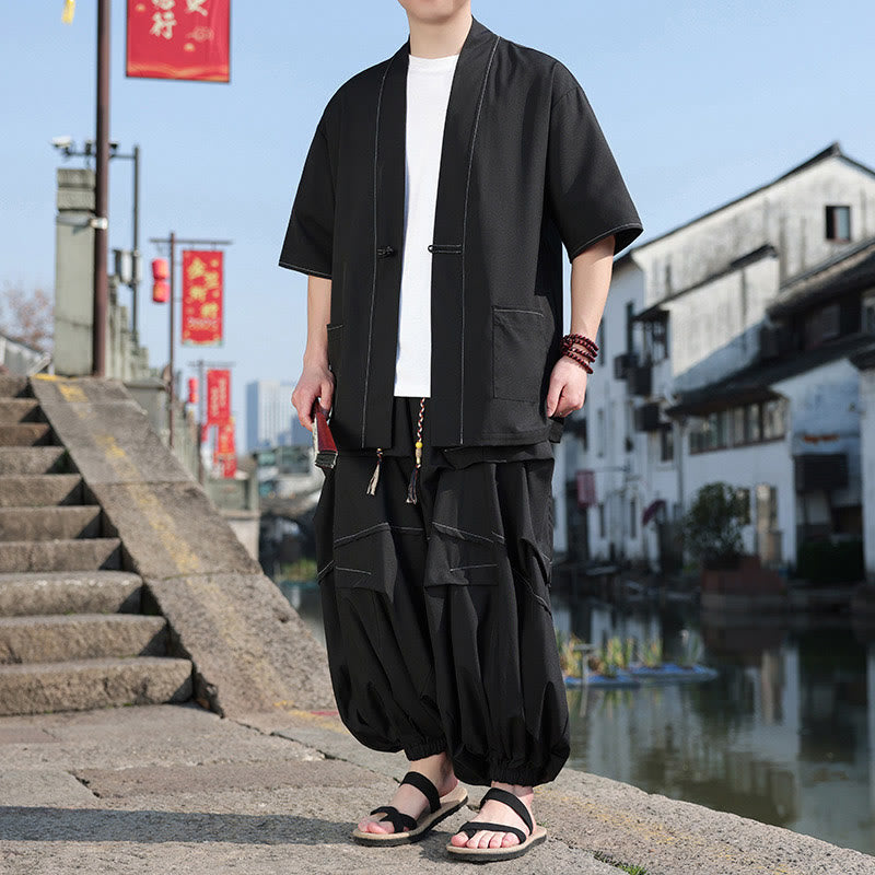Nimara Ritual 2Pcs Black Frog-Button Cotton Men's Kimono Jacket Drawstring Wide Leg Pants With Pockets