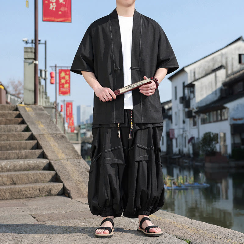 Nimara Ritual 2Pcs Black Frog-Button Cotton Men's Kimono Jacket Drawstring Wide Leg Pants With Pockets