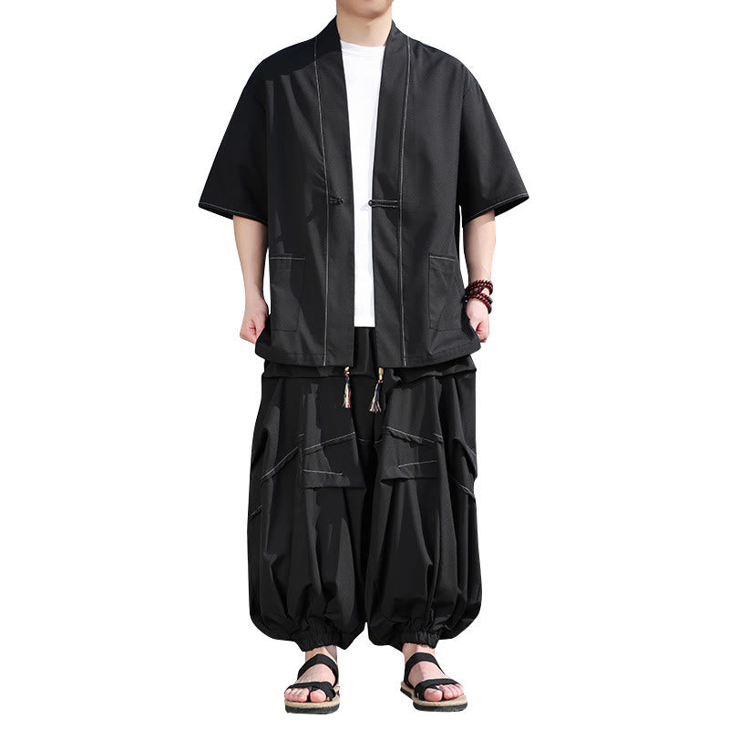Nimara Ritual 2Pcs Black Frog-Button Cotton Men's Kimono Jacket Drawstring Wide Leg Pants With Pockets