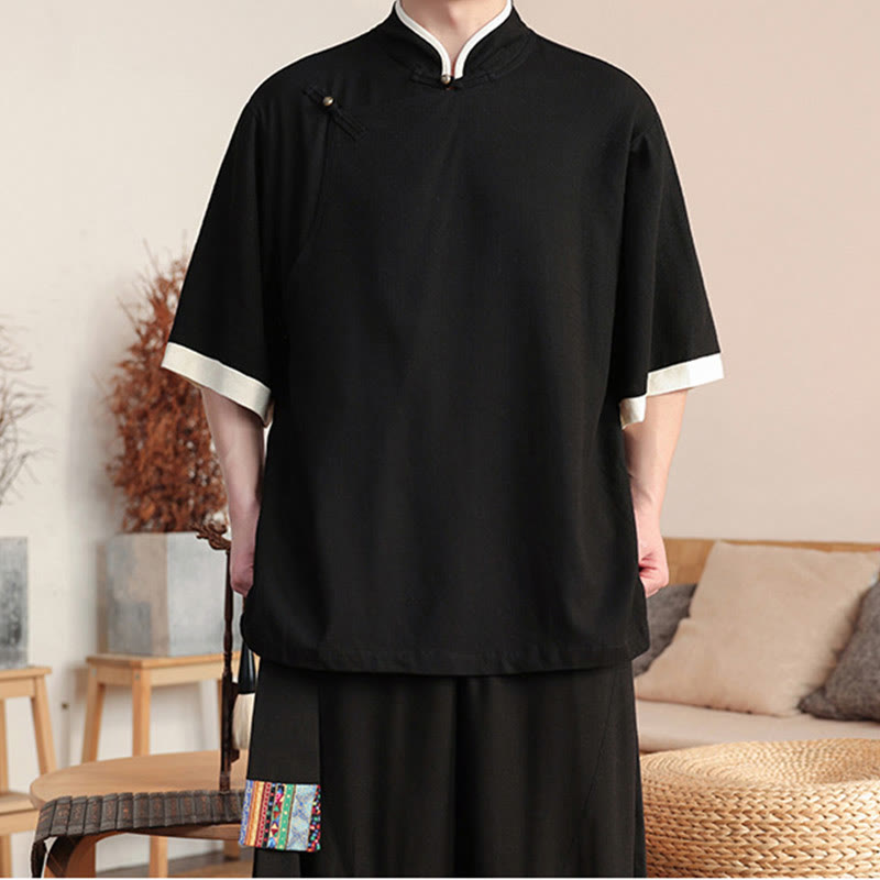 Nimara Ritual 2Pcs Chinese Frog-button Men's Shirt Wide Leg Pants Meditation Cloth Set