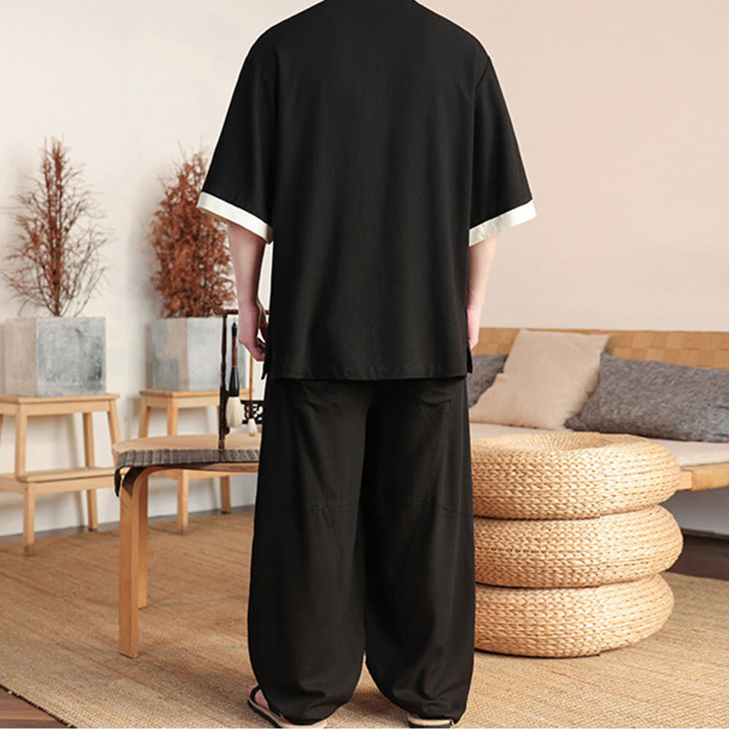 Nimara Ritual 2Pcs Chinese Frog-button Men's Shirt Wide Leg Pants Meditation Cloth Set