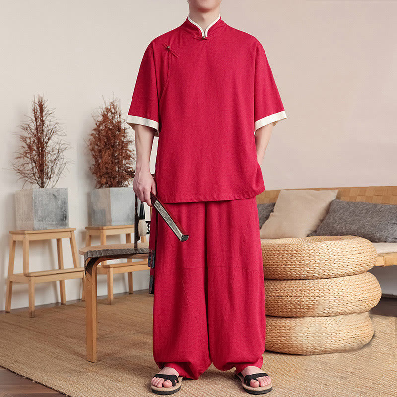 Nimara Ritual 2Pcs Chinese Frog-button Men's Shirt Wide Leg Pants Meditation Cloth Set