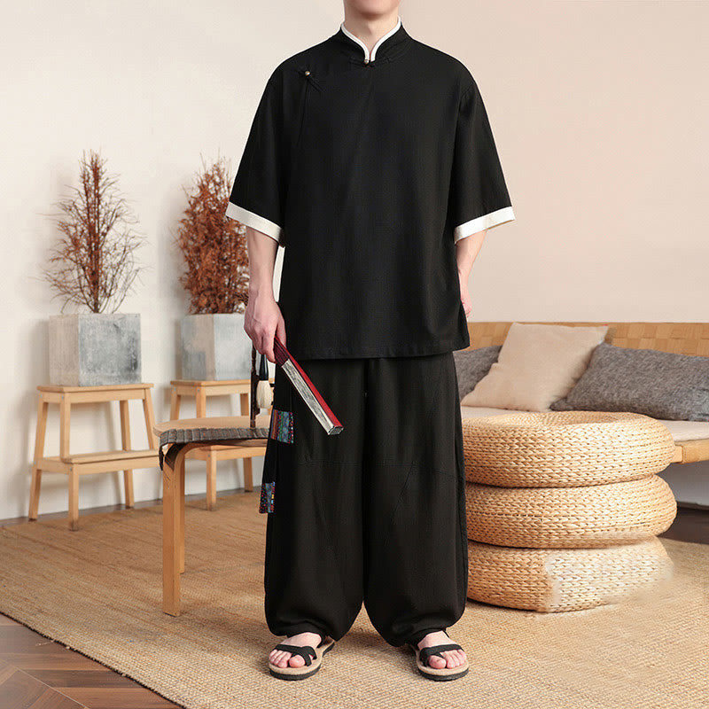 Nimara Ritual 2Pcs Chinese Frog-button Men's Shirt Wide Leg Pants Meditation Cloth Set