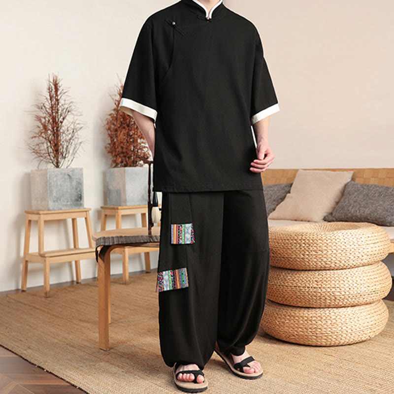 Nimara Ritual 2Pcs Chinese Frog-button Men's Shirt Wide Leg Pants Meditation Cloth Set