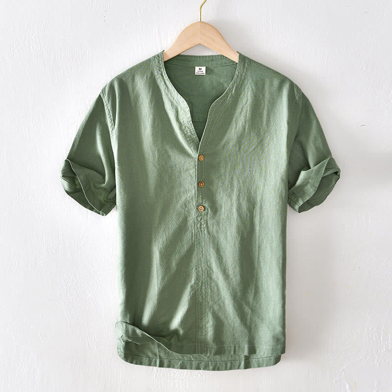 Nimara Ritual Summer Stand Collar Short Sleeve Cotton Linen Half Button Men's Shirt