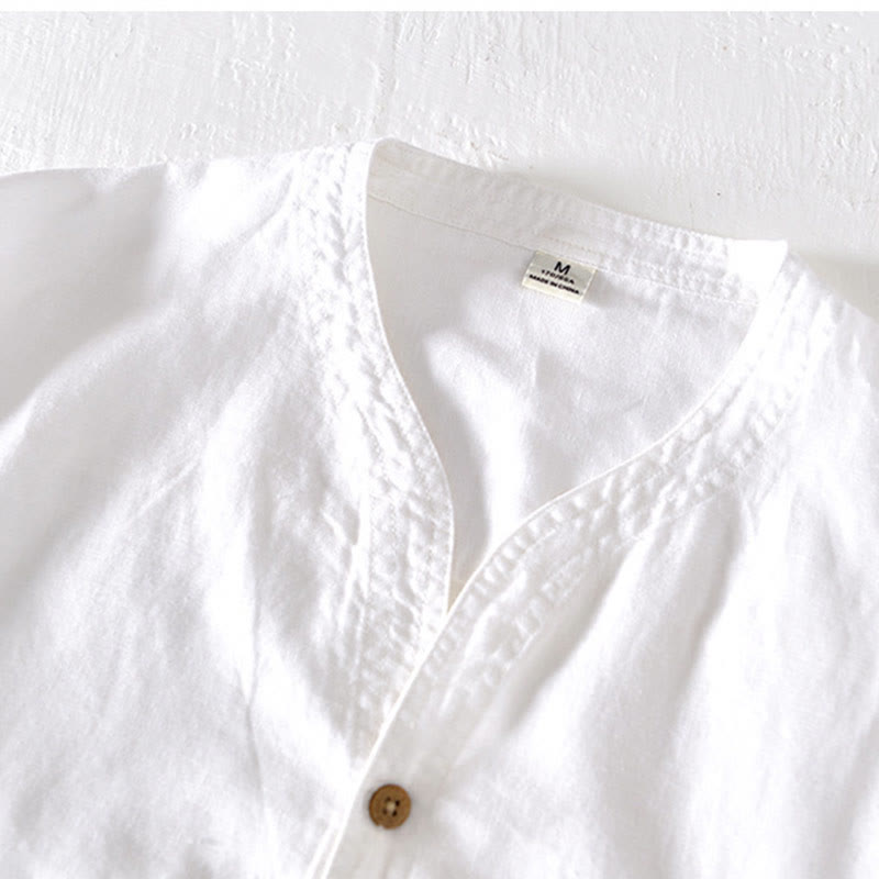 Nimara Ritual Summer Stand Collar Short Sleeve Cotton Linen Half Button Men's Shirt