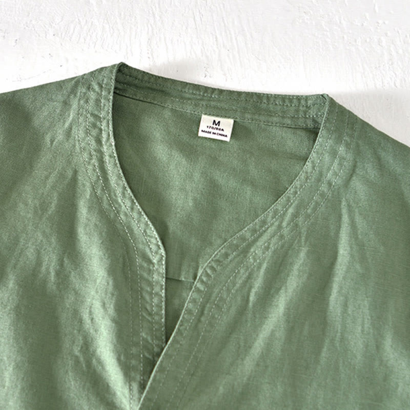 Nimara Ritual Summer Stand Collar Short Sleeve Cotton Linen Half Button Men's Shirt