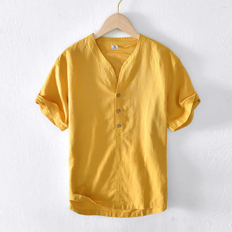 Nimara Ritual Summer Stand Collar Short Sleeve Cotton Linen Half Button Men's Shirt