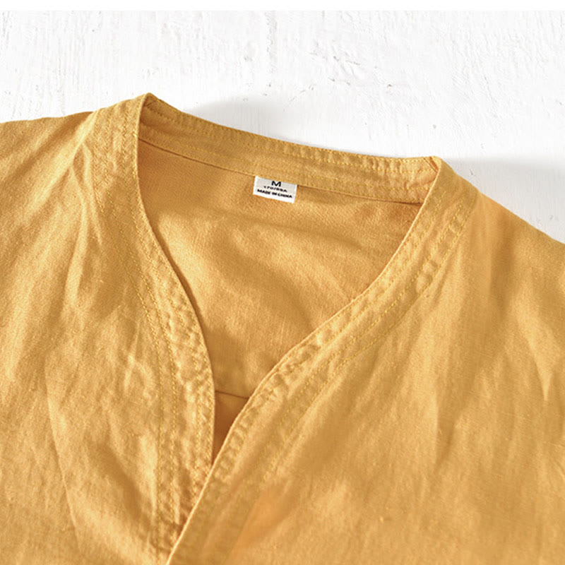 Nimara Ritual Summer Stand Collar Short Sleeve Cotton Linen Half Button Men's Shirt