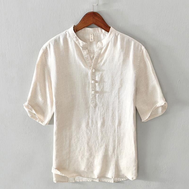 Nimara Ritual Daily Solid Color Stand Collar Half Sleeve Linen Half Button Men's Shirt