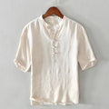 Nimara Ritual Daily Solid Color Stand Collar Half Sleeve Linen Half Button Men's Shirt