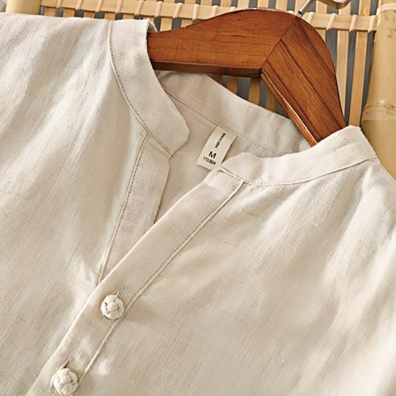Nimara Ritual Daily Solid Color Stand Collar Half Sleeve Linen Half Button Men's Shirt