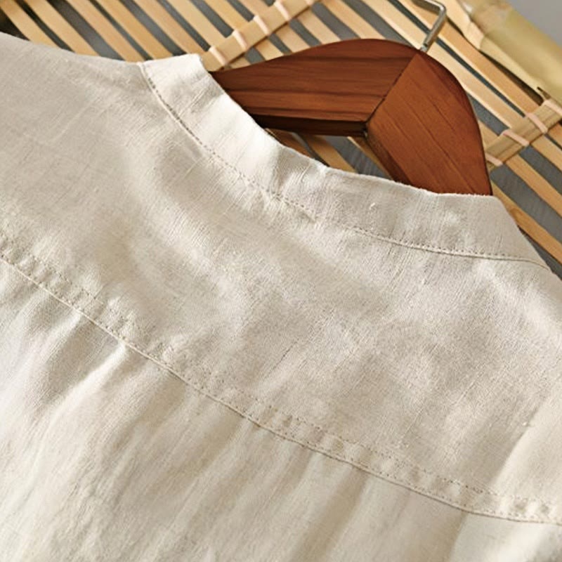 Nimara Ritual Daily Solid Color Stand Collar Half Sleeve Linen Half Button Men's Shirt