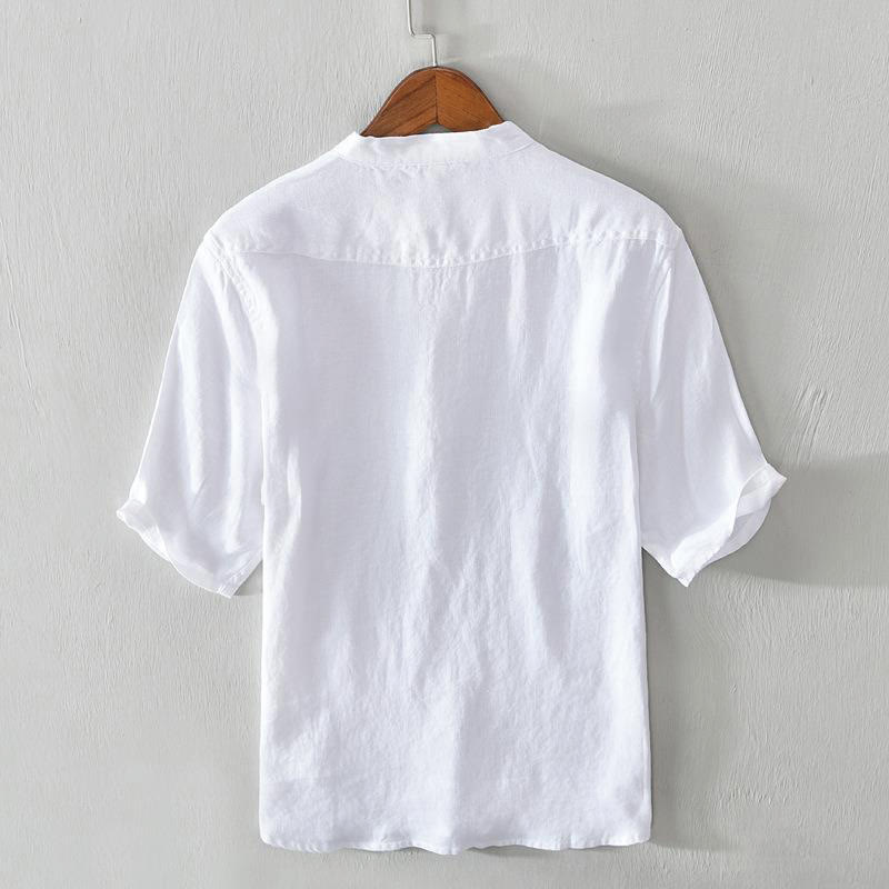 Nimara Ritual Daily Solid Color Stand Collar Half Sleeve Linen Half Button Men's Shirt