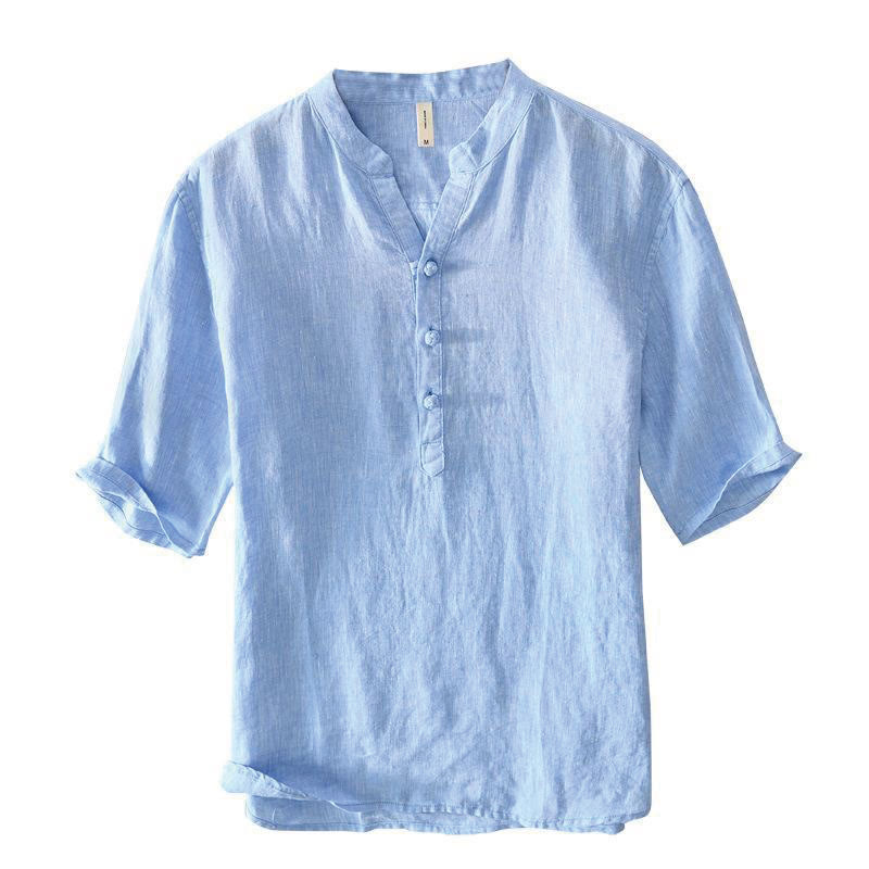 Nimara Ritual Daily Solid Color Stand Collar Half Sleeve Linen Half Button Men's Shirt