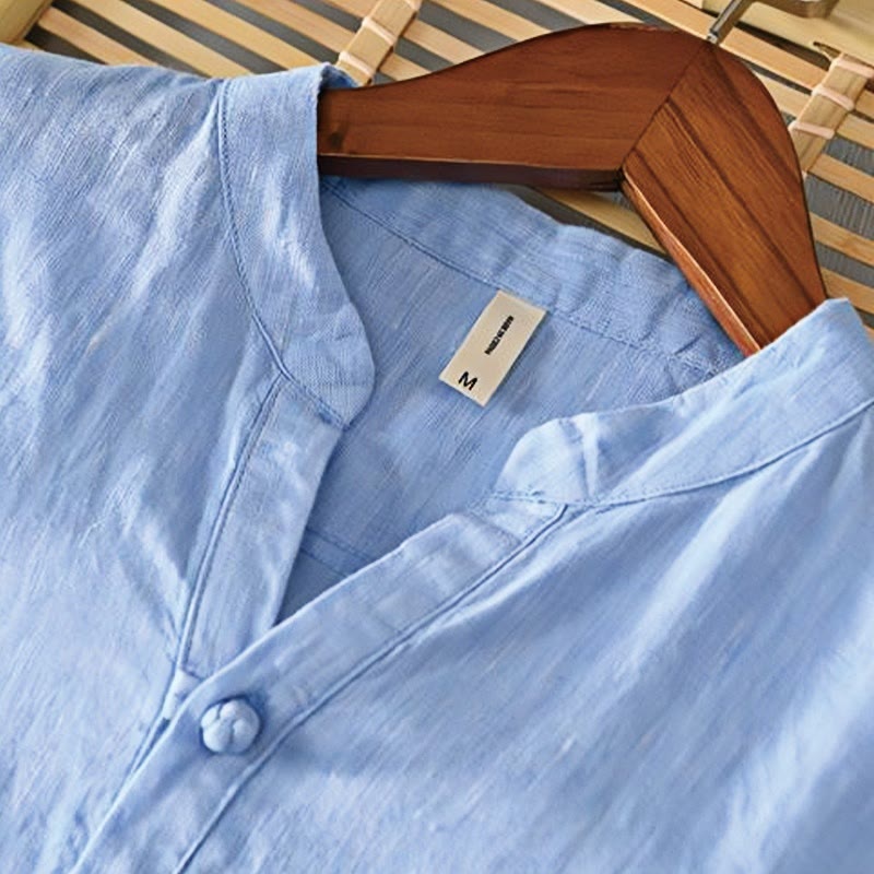 Nimara Ritual Daily Solid Color Stand Collar Half Sleeve Linen Half Button Men's Shirt