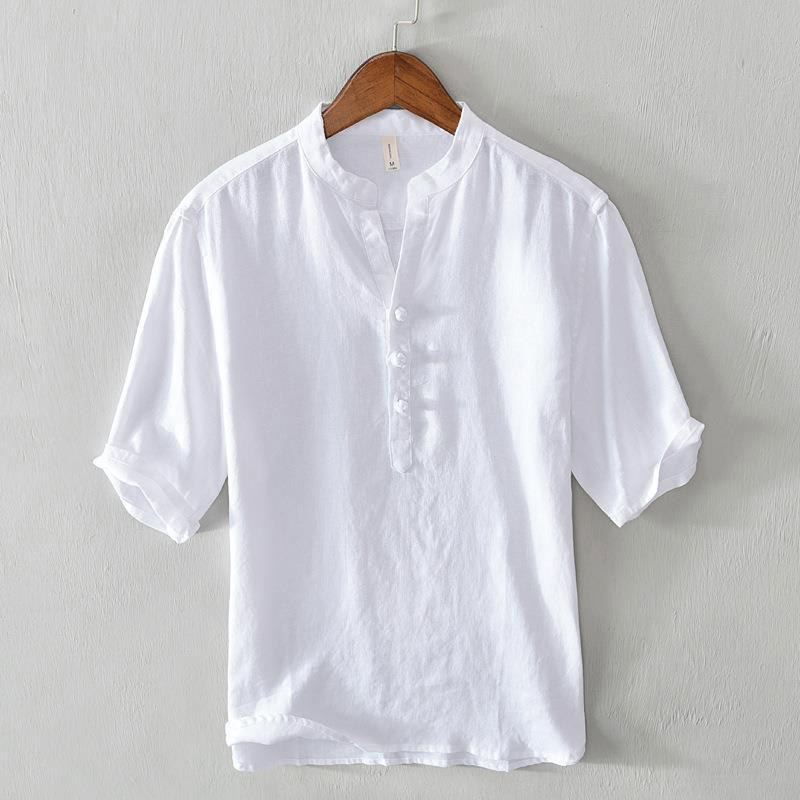 Nimara Ritual Daily Solid Color Stand Collar Half Sleeve Linen Half Button Men's Shirt