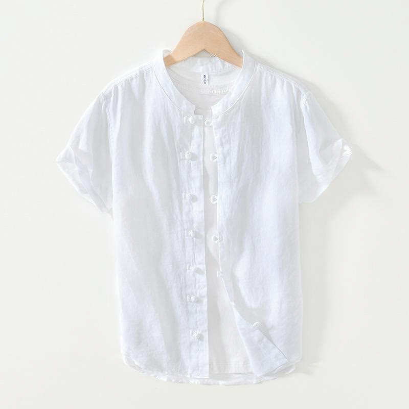 Nimara Ritual Daily Frog-Button Stand Collar Short Sleeve Linen Men's Shirt