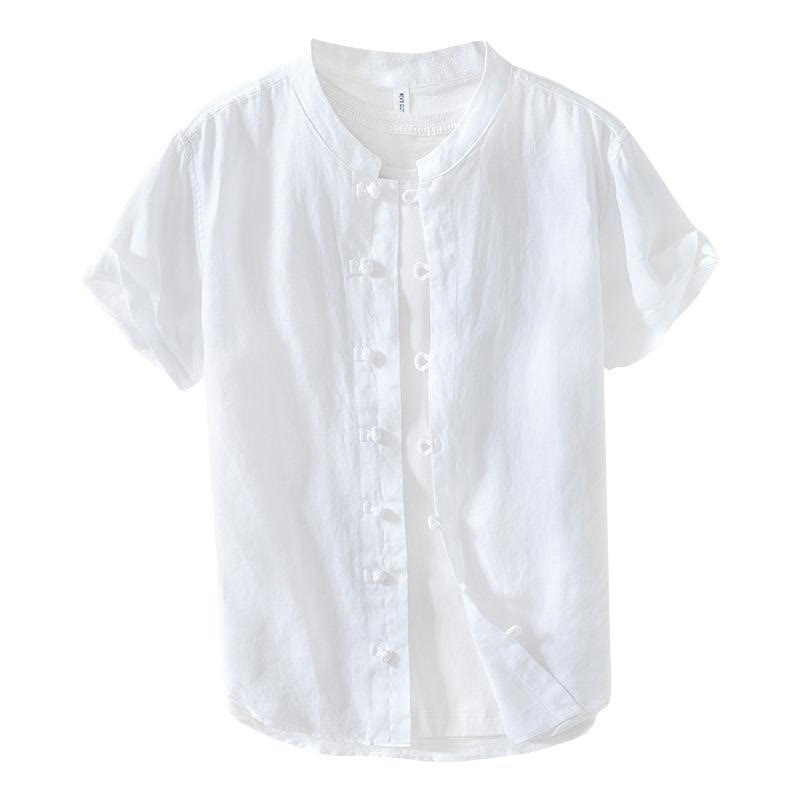 Nimara Ritual Daily Frog-Button Stand Collar Short Sleeve Linen Men's Shirt