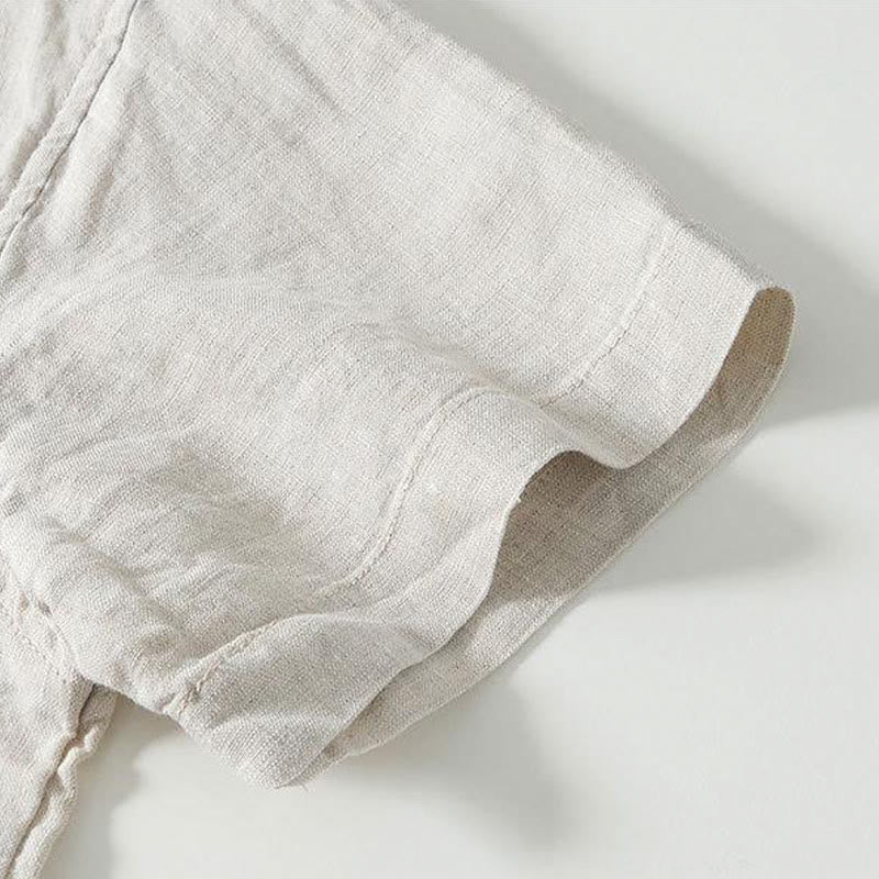 Nimara Ritual Daily Frog-Button Stand Collar Short Sleeve Linen Men's Shirt