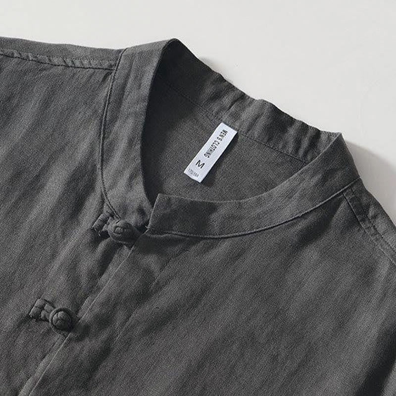 Nimara Ritual Daily Frog-Button Stand Collar Short Sleeve Linen Men's Shirt