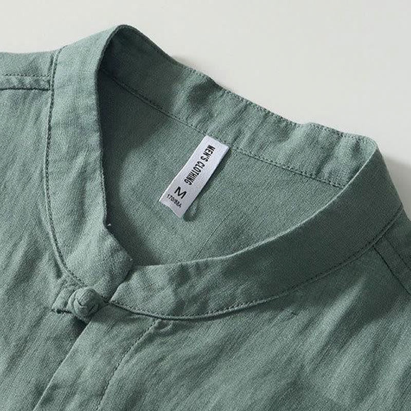 Nimara Ritual Daily Frog-Button Stand Collar Short Sleeve Linen Men's Shirt