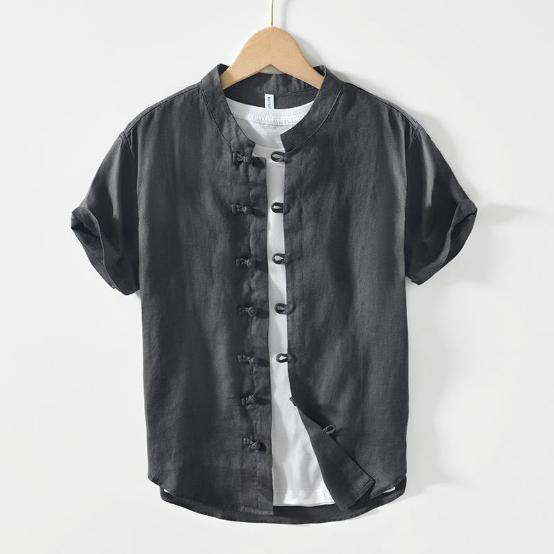 Nimara Ritual Daily Frog-Button Stand Collar Short Sleeve Linen Men's Shirt