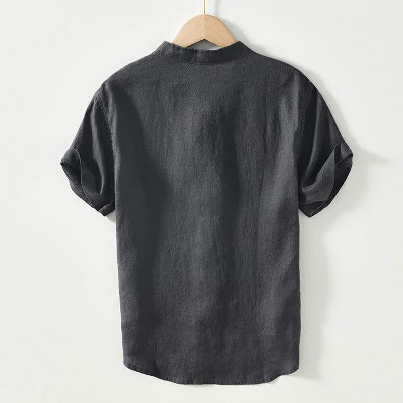 Nimara Ritual Daily Frog-Button Stand Collar Short Sleeve Linen Men's Shirt