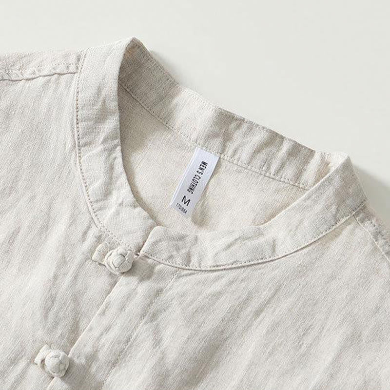 Nimara Ritual Daily Frog-Button Stand Collar Short Sleeve Linen Men's Shirt