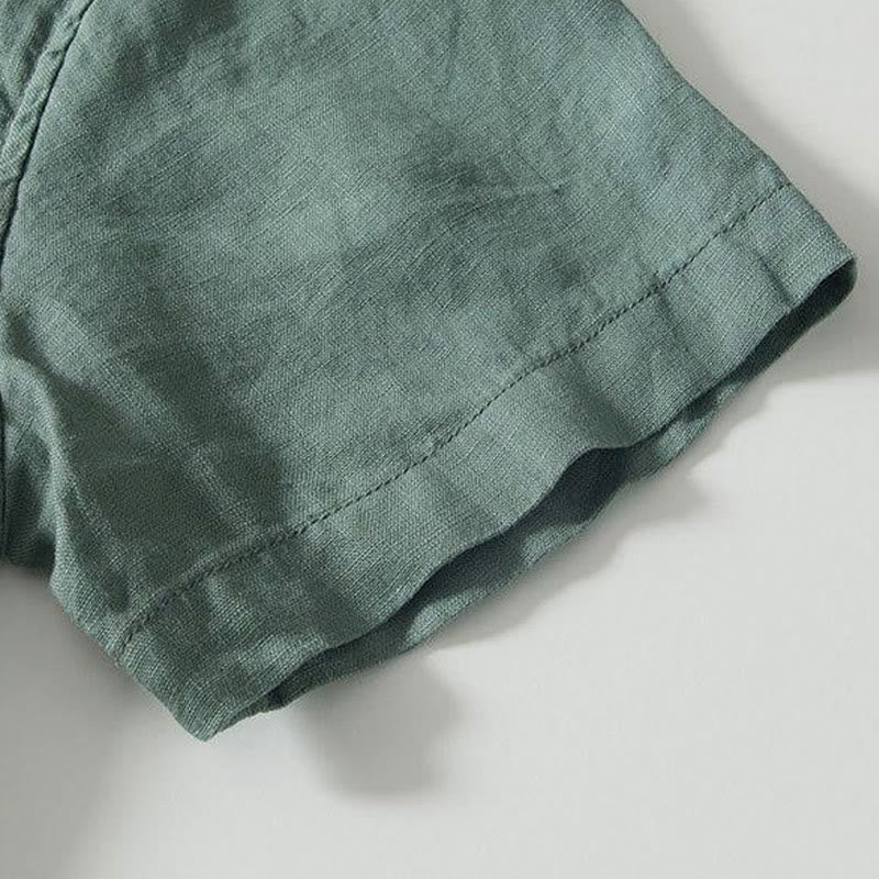 Nimara Ritual Daily Frog-Button Stand Collar Short Sleeve Linen Men's Shirt
