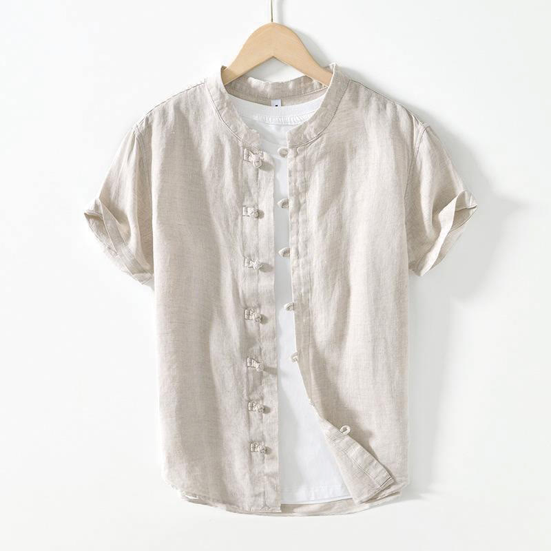 Nimara Ritual Daily Frog-Button Stand Collar Short Sleeve Linen Men's Shirt