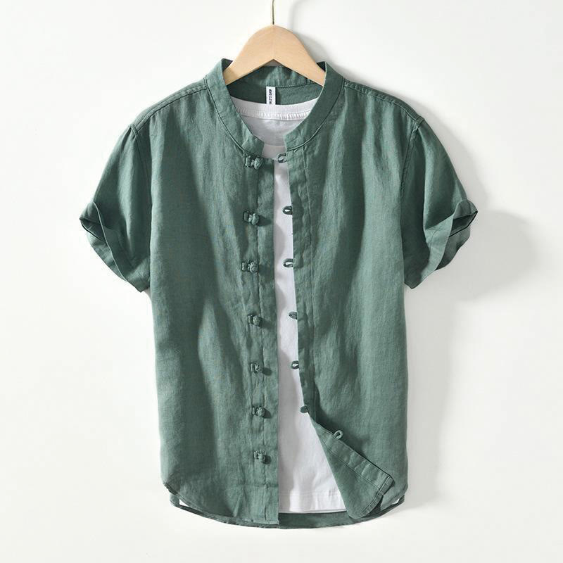 Nimara Ritual Daily Frog-Button Stand Collar Short Sleeve Linen Men's Shirt