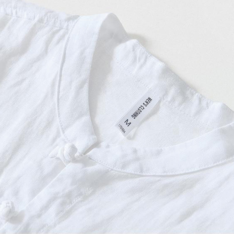 Nimara Ritual Daily Frog-Button Stand Collar Short Sleeve Linen Men's Shirt