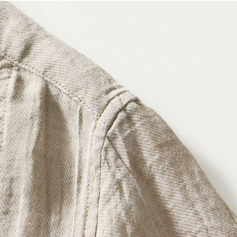 Nimara Ritual Causal Plain Lapel Ramie Linen Half Button Men's Shirt