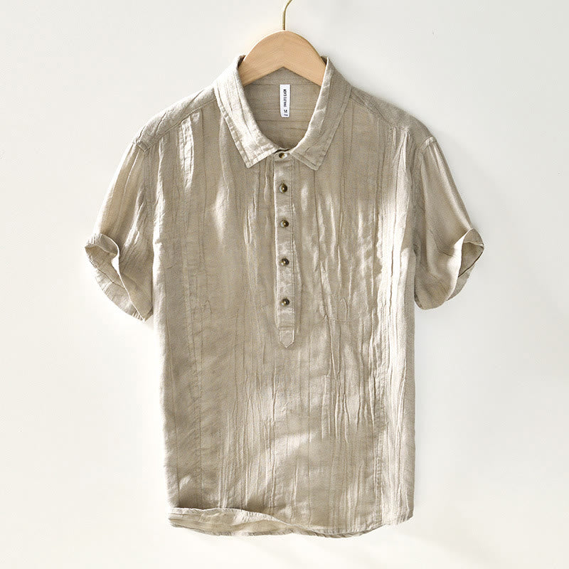 Nimara Ritual Causal Plain Lapel Ramie Linen Half Button Men's Shirt