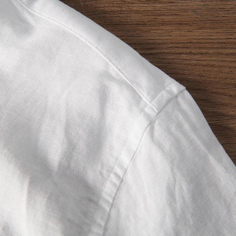 Nimara Ritual Soft Embroidery Crane Pattern Stand Collar Cotton Linen Half Button Men's Shirt