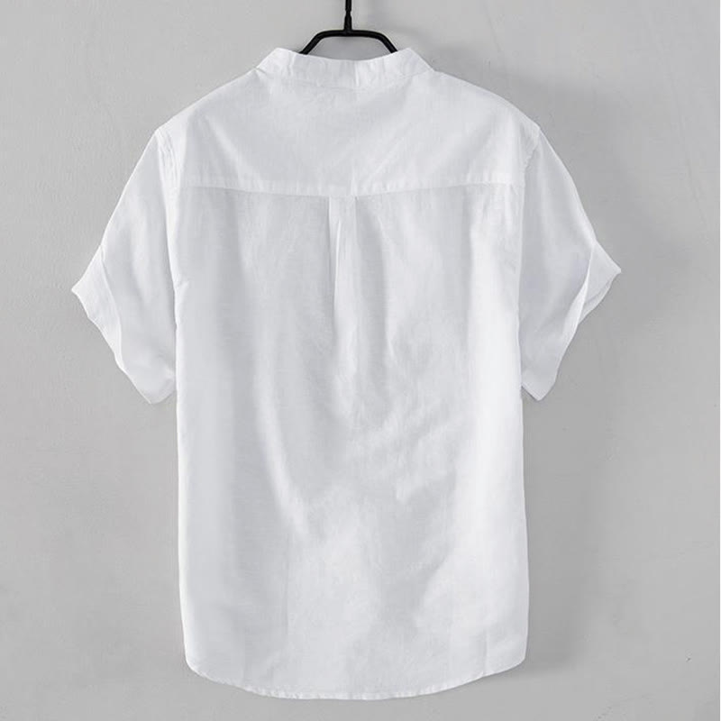 Nimara Ritual Soft Embroidery Crane Pattern Stand Collar Cotton Linen Half Button Men's Shirt