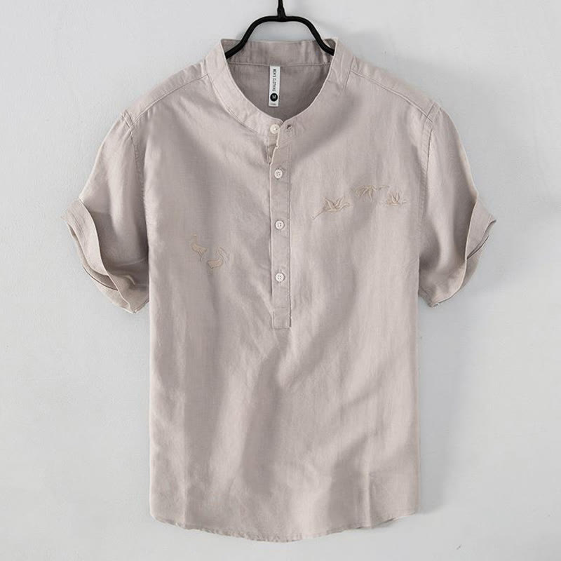 Nimara Ritual Soft Embroidery Crane Pattern Stand Collar Cotton Linen Half Button Men's Shirt