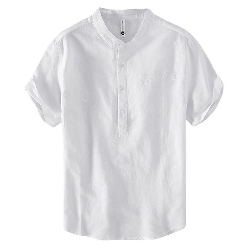 Nimara Ritual Soft Embroidery Crane Pattern Stand Collar Cotton Linen Half Button Men's Shirt