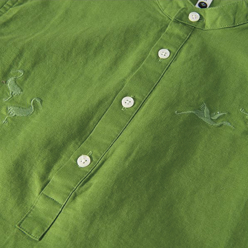 Nimara Ritual Soft Embroidery Crane Pattern Stand Collar Cotton Linen Half Button Men's Shirt