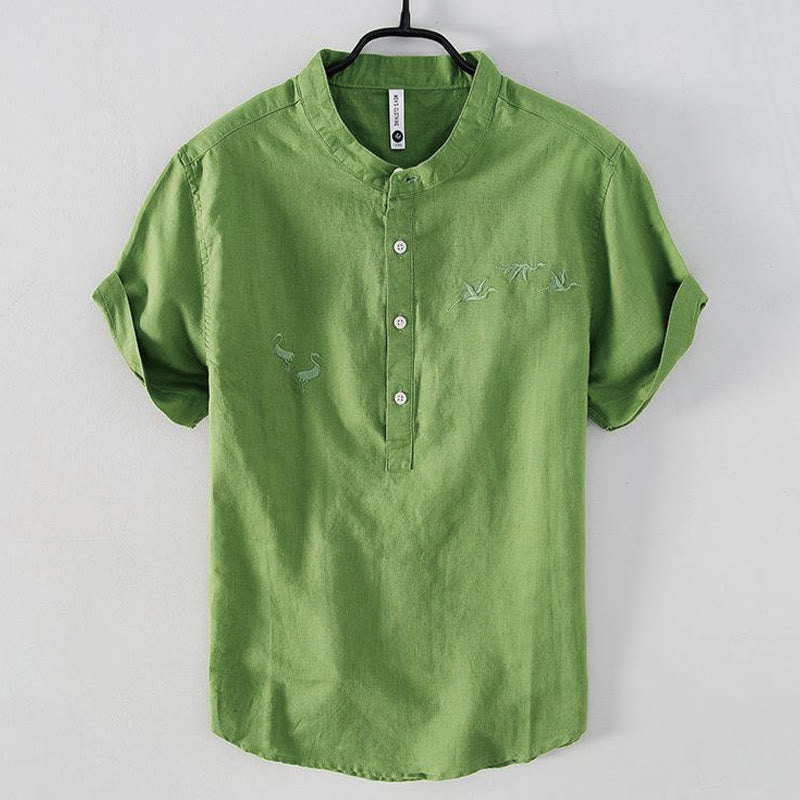 Nimara Ritual Soft Embroidery Crane Pattern Stand Collar Cotton Linen Half Button Men's Shirt