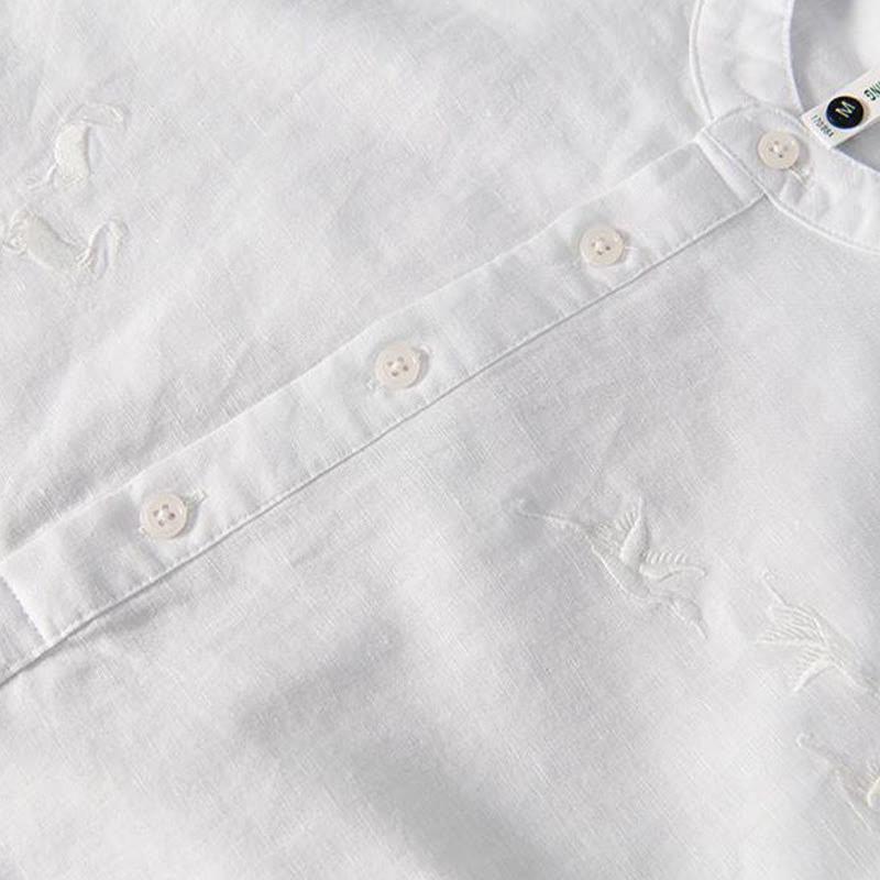 Nimara Ritual Soft Embroidery Crane Pattern Stand Collar Cotton Linen Half Button Men's Shirt