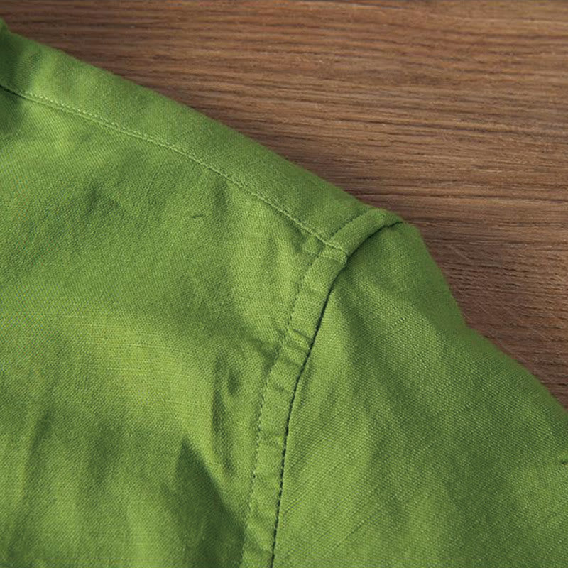 Nimara Ritual Soft Embroidery Crane Pattern Stand Collar Cotton Linen Half Button Men's Shirt